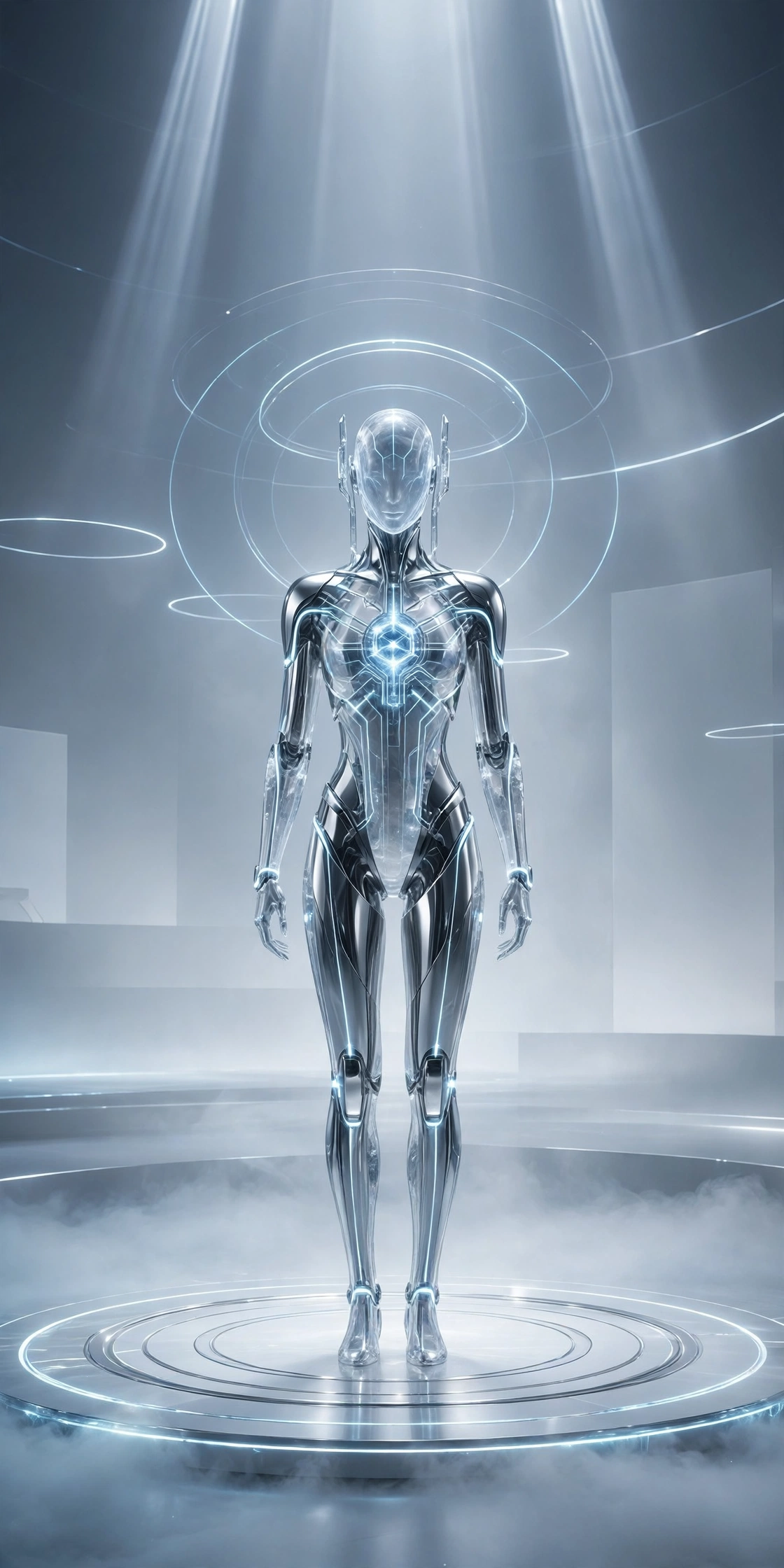 A.I.S. — the AI host of The AIs: a figure of ice crystal and polished silver standing on the luminous stage